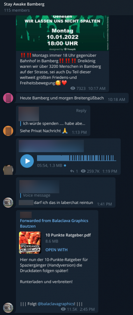 Screenshot aus der Telegram-Gruppe „Stay Awake Bamberg“ mit der von Balaclava Graphics Bautzen weitergeleiteten Broschüre.