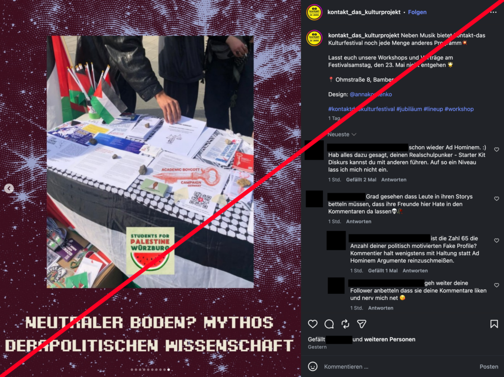 Screenshot eines Instagram-Beitrags vom kontakt-Festival, der den Vortrag "Neutraler Boden? Mythos der apolitischen Wissenschaft" von "Students for Palestine Würzburg" bewirbt.