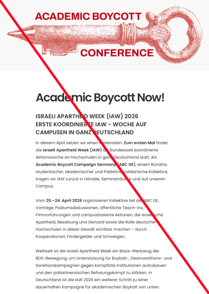 Durchgestrichener Screenshot der Website von "Academic Boycott Conference" in der sich auf die "BDS-Bewegung" bezogen wird